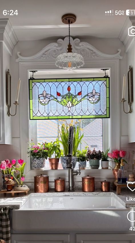 Stained Glass Window Over Kitchen Sink, Glass Shelves Kitchen Window, Kitchen Window Makeover, Stained Glass Over Kitchen Sink, Victorian Kitchen Window, Stained Glass Kitchen Sink, No Window Over Kitchen Sink Ideas, Shelves Across Windows, Stove In Front Of Window Kitchen