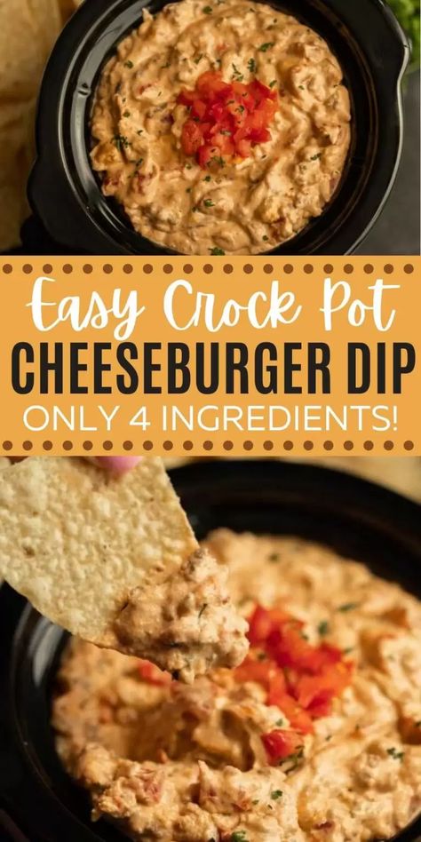 Crockpot cheeseburger dip recipe - only 4 ingredients Crock Pot Cheeseburger Dip, Hamburger Chip Dip Recipes, Slow Cooker Hamburger Dip, Keto Crockpot Dips, Cream Cheese Hamburger Dip, Cheeseburger Rotel Dip, Burger Cheese Dip, Cheeseburger Dip Crockpot Velveeta, Party Crockpot Recipes Appetizers