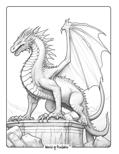 Dragon Coloring Pages For Kids & Adults - World of Printables Fourth Wing Coloring Pages, Flying Phoenix Tattoo, Dragon C, Dragon Coloring Pages, Realistic Dragon, Fun Activity For Kids, Wood Burning Stencils, Flying Tattoo, Dragon Coloring