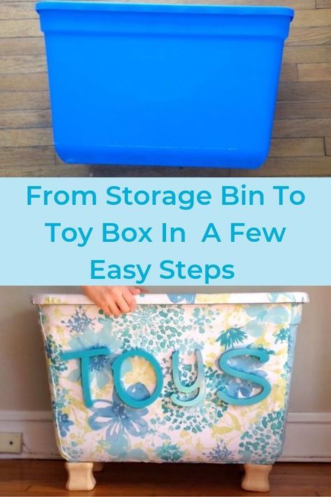 Do you have one of those plastic storage bins lying around? I've found another great use for these bins - a toy box! Create a playful toy box with a bin, fabric and a little glue. diy | diy storage | storage box | fabric | upcycle | diy decor | diy storage solution | creative storage solutions #ad Diy Closet Storage Bins, Toy Storage Diy Dollar Stores, Homemade Storage Boxes, Diy Cardboard Toy Box Storage, Diy Toy Box Ideas Storage Bins, Diy Toy Bin Organizer, Decorating Storage Bins, Diy Outside Toy Storage, Diy Kids Toy Box Ideas