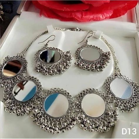 🌸to buy this...dm or whatsapp @7460882640 #naira#earrings#oxidisedearrings#choker #oxidisedjewellery#mumbai #canada#new#meenakarijhumki#now… Oxidised Jewellery Set, Indian Mirror, Mirror Necklace, Earring Indian, Mumbai Fashion, Silver Choker Necklace, Indian Necklace, Jewelry Mirror, Choker Necklace Set