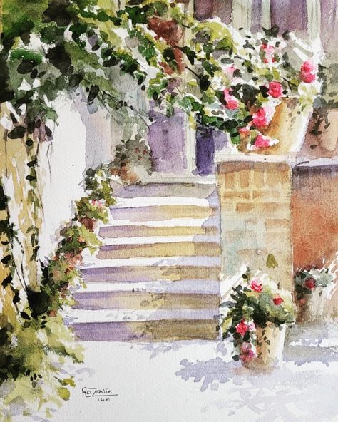 Stairs Watercolor Paintings, Painting Of Stairs, How To Draw Stairs, Luna Tattoo, Rock Steps, Stair Cases, Gouache Tutorial, Stair Art, Painted Staircases