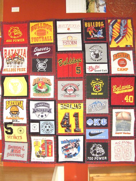 twin quilt for grad; uses baseball shirts, tees, hockey shirt and more. Tee Shirt Quilt, Football Camp, Shirt Quilts, Hockey Stuff, Hockey Shirts, Twin Quilt, Shirt Quilt, Sports Games, Baseball Shirts