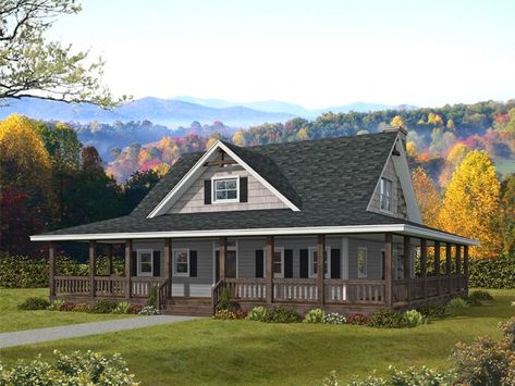 012H-0315: Two-Story Country House Plan Farmhouse With Wrap Around Porch, Homes With Wrap Around Porches, Small Home Plan, Duplex House Plans, Farmhouse Style House Plans, Country House Plan, Farmhouse House, Ranch Style Homes, Family House Plans