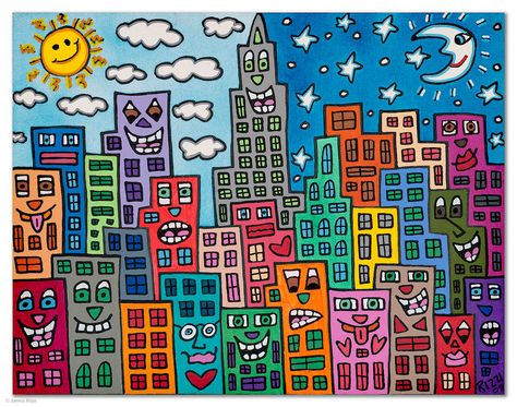 James Rizzi Cityscapes | Miss Teague's Creative Corner Collaborative Art Projects For Kids, James Rizzi, Classe D'art, 3d Pop Art, Collage Des Photos, Collaborative Art Projects, Elementary Art Projects, Collaborative Art, Art Lessons Elementary