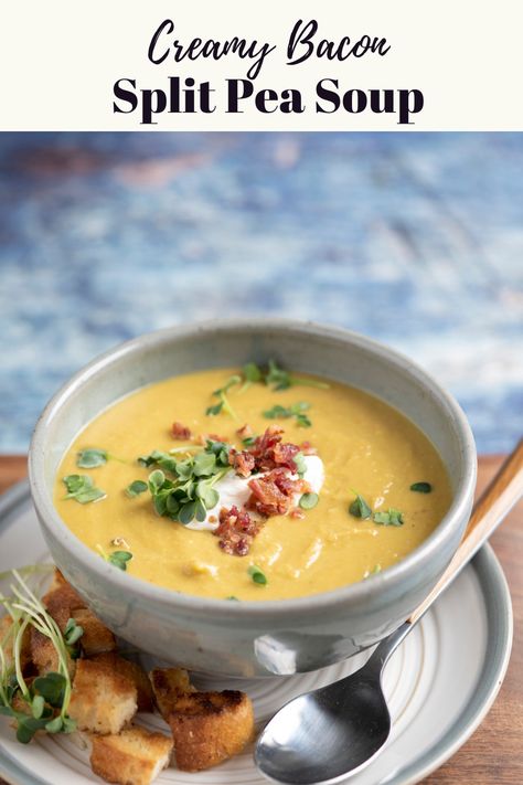 This easy recipe features garden-fresh vegetables, thyme and dried split peas, and requires less than 30 minutes of hands-on prep time. Creamy Split Pea Soup, Creamy Pea Soup, Split Pea Soup With Bacon, Bacon Soup Recipes, Pea Snacks, Peameal Bacon, Follicular Phase, Creamy Peas, Split Pea Soup Recipe