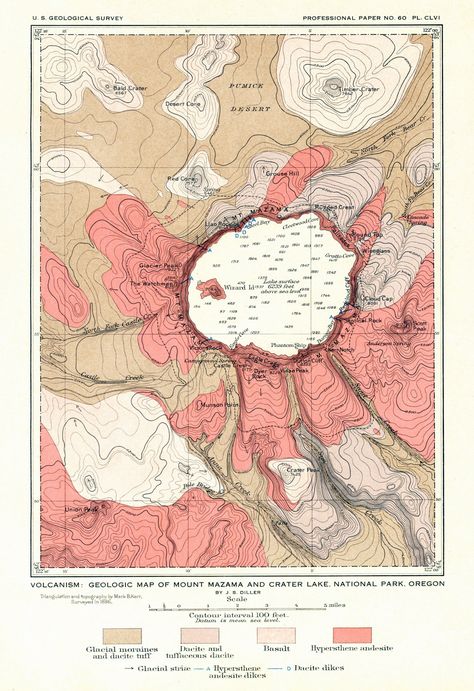 Map + color National Parks Art, Lake Map Art, Oregon Map, Crater Lake Oregon, Cartography Map, Crater Lake National Park, Office Store, National Parks Map, Map Vintage