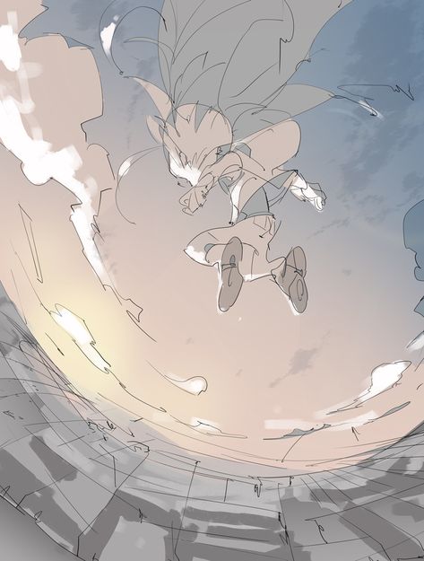 Unique Perspective Drawing, Falling From The Sky Drawing Reference, Jacket Flowing In The Wind Reference, Falling Perspective Drawing, Anime Falling Off Building, Low Angle Reference, Person Jumping Reference, Falling Reference Pose, Dynamic Poses Reference Drawing