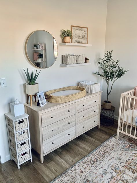 Gender Neutral Nursery Simple, Apartment Friendly Nursery Ideas, Baby Nursery In Master Room, Nursery Gender Neutral Themes, Nursery Room Set Up, Floating Shelves In Nursery, Nursery In Master Room Ideas, Baby And Parents Room Shared, Baby Drawers Ideas