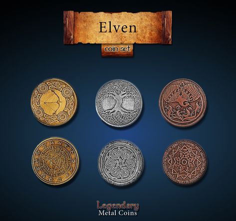 Fantasy Creatures Mythology, Pirate Coins, Fantasy Village, Currency Design, Event Props, Money Pictures, Coin Design, Copper Coins, Magical Jewelry