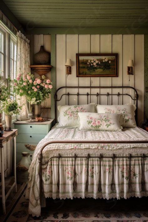 These cottagecore bedroom ideas encompass a cozy and rustic aesthetic, featuring floral patterns, vintage decor, and natural elements. Cottage Core Bed Frame, Cottage Core Bed, Cottagecore Aesthetic Bedroom, Floral Patterns Vintage, Cottagecore Bedroom Decor, Cottage Core Bedroom, Cottagecore Bedroom Ideas, Cottage Core Room, Cottagecore Bedroom