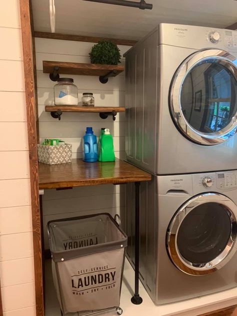 Laundry Room Ideas With Stacking Washer And Dryer, Small Laundry Space Stackable, Laundry Stackable Ideas, Storage Over Stackable Washer And Dryer, Farmhouse Laundry Room Stacked, Farmhouse Stackable Laundry Room, Small Laundry Room Organization Stacked, Stackable Washer Dryer Laundry Room Tips, Closet Laundry Room Makeover Stacked