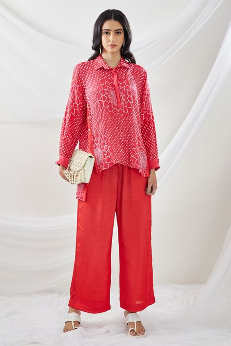 Shop for these amazing collections of Red Gajji Silk Tie And Dye Collared Shirt & Pant Set For Women by Twenty Nine online at Aza Fashions. Bandhani Shirt, Pant Sets For Women, Red Kurta, Shirt Pant, Red Panels, Shirt Pant Set, Tie And Dye, Pant Set, Shirt And Pants