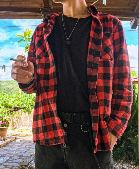 Red Flannel Outfit Men Aesthetic, Plaid Flannel Outfit Men, Red Checkered Shirt Outfit Mens, Red Plaid Outfit Men, Red And Black Flannel Outfit Men, Fall Grunge Outfits Men, Red Grunge Aesthetic Outfits Men, Masc Flannel Outfits, Kevin Nguyen Outfit