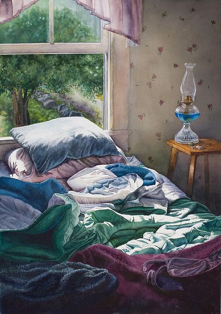 watercolor painting of unmade bed - did you see the bra? - Monhegan Morning | Flickr - Photo Sharing! Beautiful Doodles, Street Bedroom, Unmade Bed, Messy Bed, Interior Paintings, Interior Illustration, Cottage Art, 2d Design, Watercolor Inspiration