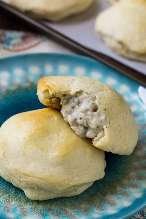 Sausage Gravy Stuffed Biscuits - Spicy Southern Kitchen Sausage Gravy Stuffed Biscuits, Gravy Stuffed Biscuits, Stuffed Biscuits, Spicy Southern Kitchen, Southern Breakfast, Sweet Potato Biscuits, Southern Kitchen, Sausage Gravy, Biscuits And Gravy