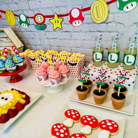 Super Mario Party - Pixie Dust & Posies Princess Peach Party, Mario Bros Birthday Party Ideas, Super Mario Bros Birthday Party, Super Mario Bros Party, Mario And Princess Peach, Mario Bros Birthday, Mario Bros Party, Super Mario Birthday Party, Peach Party