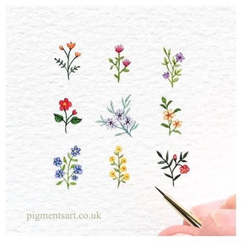 Water Paint Flowers, Different Greens, Acrylic Flower Painting, Simple Hand Embroidery Patterns, Miniature Embroidery, Floral Doodle, Art Process, Watercolor Painting Techniques, 자수 디자인