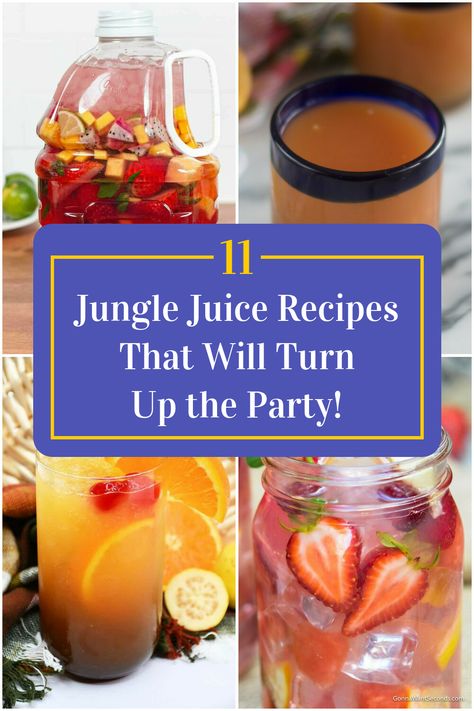 Collage of 4 jungle juice recipes. Big Batch Jungle Juice, Jug Juice Party Ideas, Vodka Jungle Juice Recipes, Juice Ideas Party, How To Make Jungle Juice, Summer Jungle Juice Recipes, Jungle Juice Recipe Alcoholic Parties, Tequila Jungle Juice Recipe, Hippie Juice Recipe Gallon