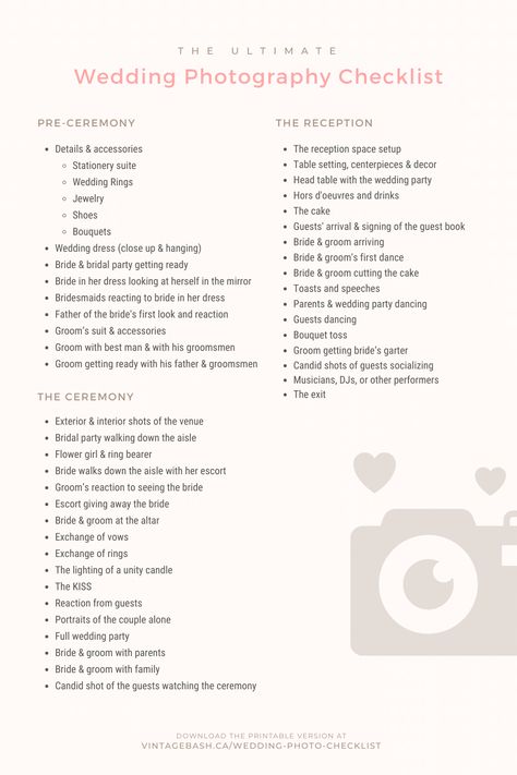 Wedding Photography Shot List Photographer Wedding Shot List, Photography Shot List Wedding, Wedding Day Shot List, Wedding Shot List For Photographer, Wedding Photography Shot List, Wedding Photography Guide, Photography Checklist, Wedding Photo Checklist, Wedding Photography List