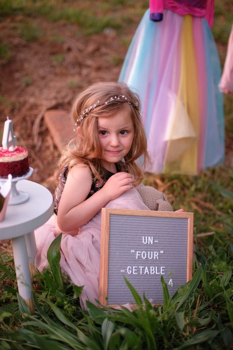 Un-four-gettable fourth birthday photoshoot Un4gettable Birthday Party, Fourth Birthday Pictures, 4 Birthday Photoshoot Ideas, Princess Birthday Photo Shoot, Birthday 4 Girl, Un Four Gettable Birthday Theme, Fourth Birthday Photoshoot, Unfourgettable 4th Birthday Girl, 4 Yr Birthday Ideas