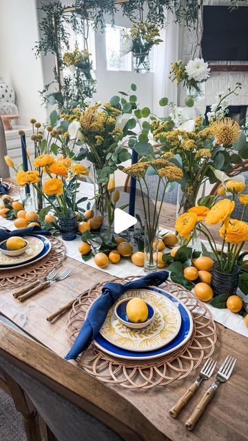 bren | home, holidays & lifestyle | Dallas tx on Instagram: "comment “LINKS” to get everything I used sent directly to your inbox!   Amalfi coast inspired summer tablescape🌞✨💛💙  I found these amazing $3 plates at Target that immediately inspired me to bring some Italian vibes to my dining table. 😍 Their vibrant yellow, blue, and white patterns were the perfect starting point for creating a beautiful summer setting.  To complete the look, I added fresh flowers from Trader Joe’s and mixed in some faux lemon branches for that extra pop of Mediterranean charm.  Cheers to beautiful moments, delicious meals, and the magic of the Amalfi Coast at home. Buon appetito! 🇮🇹❤️  #tablescape #summervibes #amalficoast  #summergathering #yellowandblue #tablescapes #targetfinds #italianinspired #summe Amalfi Coast Table Setting, European Tablescape, Mediterranean Table Setting, Mediterranean Tablescape, Amalfi Coast Theme Party, Greek Party Decorations, Birthday Cookout, Lemon Tablescape, Garden Tablescape