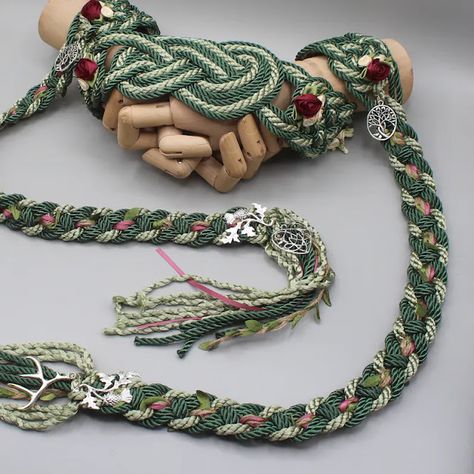 Handfasting Cord - Celtic 'Nine Knots' Design - Green with floral roses - Custom Infinity Love Knot wedding handtying cord/ribbon/rope/sash Scottish Wedding Handfasting, Hand Fastening Wedding, Celtic Wedding Decor, Handfasting Ceremony Cords, Handfasting Cords Diy, Hand Tying Ceremony, Celtic Wedding Ideas, Diy Handfasting Cords, Knot Tying Ceremony