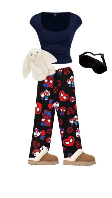 Cute Spiderman and hello kitty pajama pants and blue T-shirt Spiderman And Hello Kitty, Hello Kitty Pajama Pants, Cute Spiderman, Blue T Shirt, Blue T, Blue Tshirt, Pajama Pants, Spiderman, Hello Kitty