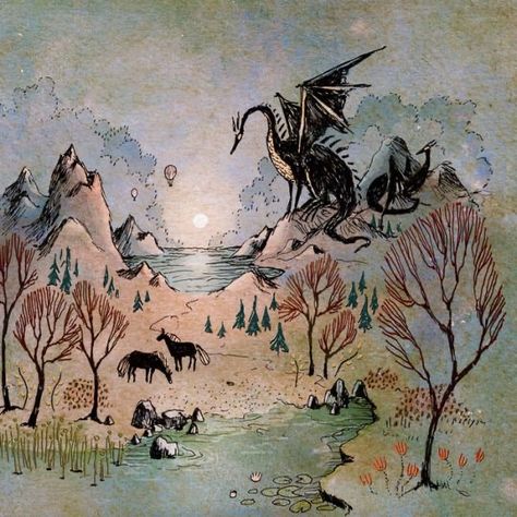 Ulla Thynell Illustration, Ulla Thynell, Fairytale Illustration, Fairytale Art, Monoprint, Dragon Art, Wall Tapestries, Whimsical Art, Pretty Art