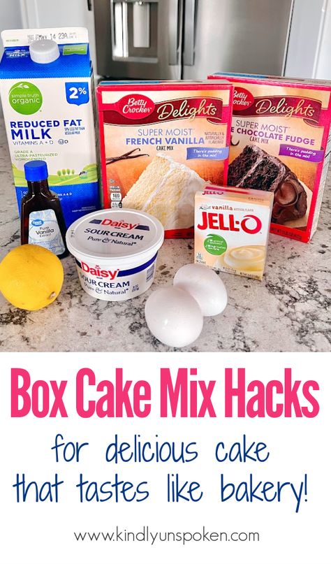 How To Make Box Cake Mix Extra Moist, Cake Taste Like A Bakery Cake, Box Cake Better How To Make, How To Make Store Bought Cake Mix Taste Like Homemade, Best Cake Mix Recipe Boxes, Turn A Box Cake Into A Bakery Cake, Cake Box Cake Recipes, How To Make Cake Box Taste Like Bakery, Box Cake Taste Like Bakery Pudding