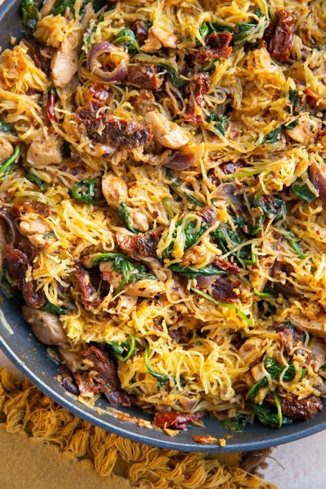 Creamy Sun-Dried Tomato Spaghetti Squash with Chicken and Spinach - The Roasted Root Spaghetti Squash Crock Pot Recipes, Tuscan Chicken And Spaghetti Squash, Spaghetti Squash Scampi, Marry Me Spaghetti Squash, Spaghetti Squash And Feta Recipes, Spaghetti Squash Turkey Recipes, Spaghetti Squash Recipes Dairy Free, Spaghetti Squash Meals, Low Carb Spaghetti Squash Recipes