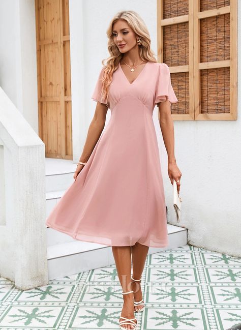 Cascading Ruffles V-Neck Elegant A-line Satin Midi Dresses (295293090) Dusty Pink Dress Outfit Wedding, Mid Length Dresses Formal, Pink Mid Length Dress, Satin Midi Dresses, Plain Midi Dress, Dress Name, Light Pink Dress, Cascading Ruffles, Dusty Rose Dress