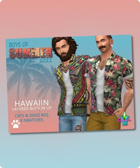 Sims 4 Clothing CC: BOS Hawaiian Layered Button UP By Simmiev Sims 4 Clothes Cc, Mod Jacket, Sims 4 Cc Download, Clothes Cc, Uniform Pants, Best Sims, Female Male, Profile Page, Beautiful Boots