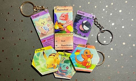 Pokémon Keychains Upcycled Pokémon Cards - Etsy Pokemon Keychain Diy, What To Do With Extra Pokemon Cards, Pokemon Cards Crafts Ideas, Upcycle Pokemon Cards, Pokémon Card Art, Pokemon Cards Diy, Pokemon Card Crafts, Pokémon Nursery, Pokemon Camp