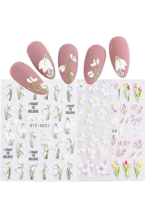 5D Nail Stickers Embossed Snowdrops Tulips Camellia Acrylic Nail Art Decals Summer Flower White Design Elegant Charms Floral Sliders Nail Art Decoration Engraved Sticker Accessories 3 Sheets Snowdrop Nails, Nail Sticker Ideas, Lilac Nails, Nail Art Decals, Flower White, Acrylic Nail Art, Art Decals, Nail Art Decorations, Flower Nails