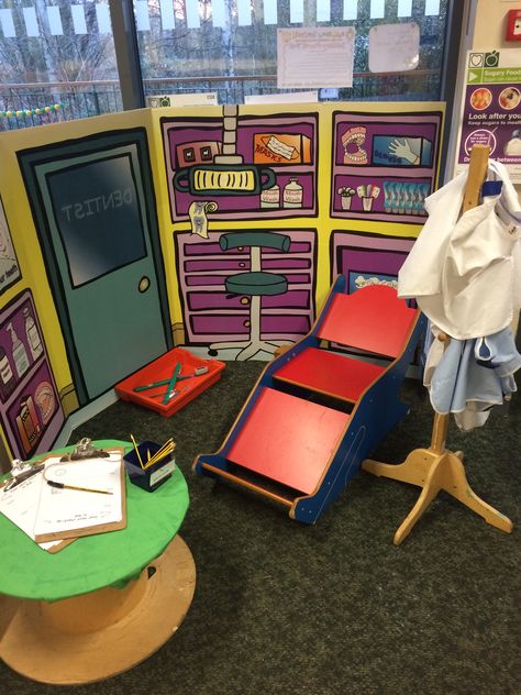 #Dentist role play area borrowed from a local dentist #eyfs #roleplaydentist #earlylearning Dentist Role Play Eyfs, Dentist Dramatic Play Preschool, Dentist Role Play, Dental Room, Dentist Ideas, Senior Infants, Dentist Clinic, Role Play Areas, People Who Help Us