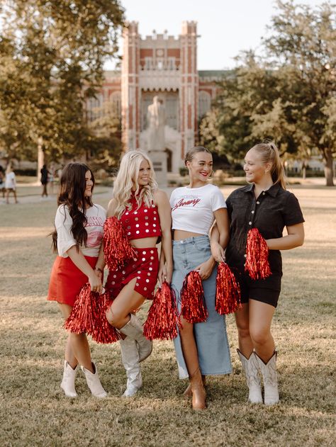 White Gameday Outfit, Fall Gameday Outfit, Black Denim Romper, Group Shoot, Queen Of Sparkles, Senior Picture Outfits, Red Romper, Senior Photoshoot, Denim Maxi