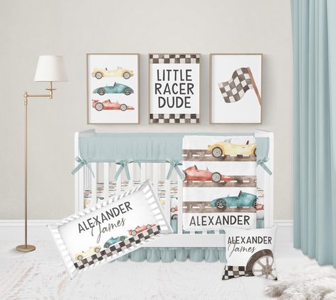 Made just for your baby boy, you're going to LOVE this personalized race car crib bedding set! Perfect for any race cars crib bedding, personalize this baby boy crib bedding set with your baby's name on these personalized racecar nursery bedding pieces for an adorable addition to your race cars nursery, car nursery, or baby boy racing nursery! ♥ AVAILABLE CRIB BEDDING SIZES All of my crib bedding sets are available in both standard crib bedding and mini crib bedding sizes: ~ US Standard Crib: 28 Race Car Nursery Theme, Baby Boy Themes Nursery, Racing Nursery, Race Car Nursery, Crib Sheets Boy, Cars Nursery, Baby Boy Crib Bedding Sets, Matching Wall Art, Boy Crib Bedding