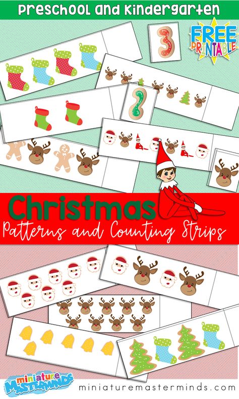 Christmas Pattern and Counting Strip Cards Pattern Cards, Christmas Pattern Activities, Christmas Pattern Activities Preschool, Pattern Cards Preschool Free Printables, Christmas Counting Preschool, Christmas Patterning Kindergarten, Christmas Counting Worksheet, Santa Activity, Christmas Math Centers