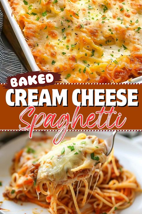 Baked cream cheese spaghetti is the ultimate comfort food! This creamy casserole will be a guaranteed hit with the whole family. Spagetti Casseroles Baked With Cream Cheese, Cream Spaghetti, Baked Spaghetti With Cream Cheese And Sour Cream, Baked Cream Cheese Spaghetti Recipe, Baked Cream Cheese Spaghetti Casserole, Baked Spaghetti With Velveeta Cheese, Cream Cheese Spaghetti Bake, Baked Spaghetti Recipe With Cream Cheese, Twice Baked Spaghetti