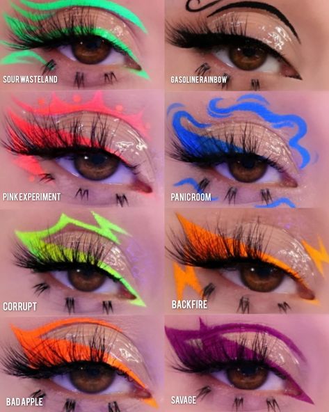 Pokemon Makeup, Eyeliner Collection, Colorful Eye Makeup Tutorial, Neon Eyeliner, Crazy Eye Makeup, Uv Makeup, Liner Makeup, Toxic Waste, Neon Makeup