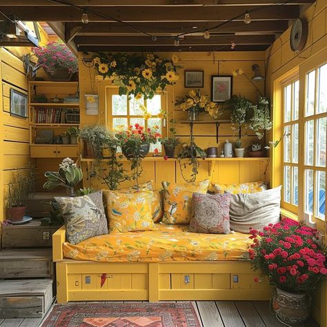 Boat House Aesthetic, Yellow Conservatory, Yellow House Aesthetic Interior, Whimsigoth Tiny House, Boho Tiny House Exterior, Yellow Tiny House, Fairy House Aesthetic Inside, Maximalism Design, Hippie Livingroom Wallpaper