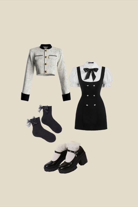 Black And White Chanel Outfit, Chanel Look Outfit, Black And White Preppy Outfits, Club Classics Outfit, Chanel Classic Outfit, Shein Preppy Outfits, White And Black Dress Outfit, Chanel Top Outfit, Chanel Clothes Women