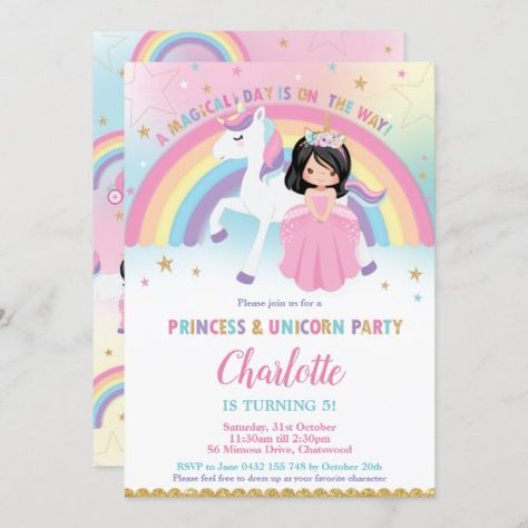 $2.85 | Cute Black Hair Princess Unicorn Rainbow Birthday | Birthday Invitations | princess and unicorn, 1st birthday party, unicorn birthday, princess birthday, rainbow unicorn, princess sitting on unicorn, black hair princess, east asian chinese korean japanese, cute whimsical sweet, pink dress Black Hair Princess, Unicorn 1st Birthday Party, Brunette Princess, Princess And Unicorn, Birthday Party Rainbow, Unicorn 1st Birthday, Rainbow Invitation, Unicorn Party Invites, Rainbow Birthday Invitations