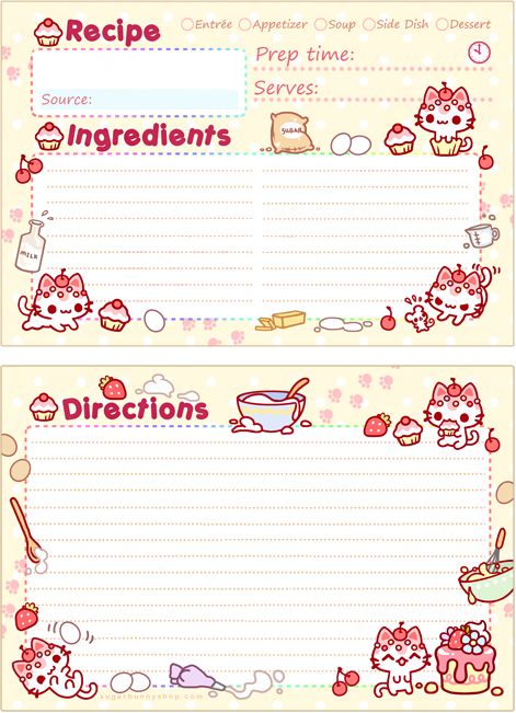 Cupcake Kitty Recipe Card Cute Recipe Cards Printables, Cute Recipe Template, Recipe Card Aesthetic, Recipe Paper Template, Recipe Cards Aesthetic, Hello Kitty Recipes, Paper Food Printable, Aesthetic Id Card Template, Recipe Stickers