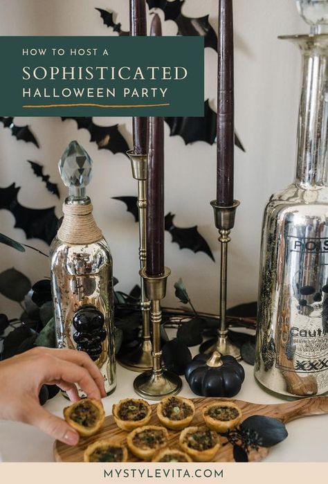 Throw a sophisticated and grown-up adult Halloween party with these tips. From Halloween party decor, to Halloween party food and a spooky charcoal cocktail! Impress your friends with this Halloween party spread! #halloween #partyideas Charcoal Cocktail, Sophisticated Halloween Party, Adult Halloween Party Ideas, Host A Halloween Party, Halloween Dinner Party Food, Adult Halloween Party Food, Bats For Halloween, Halloween Party Menu, Adult Halloween Party Decorations