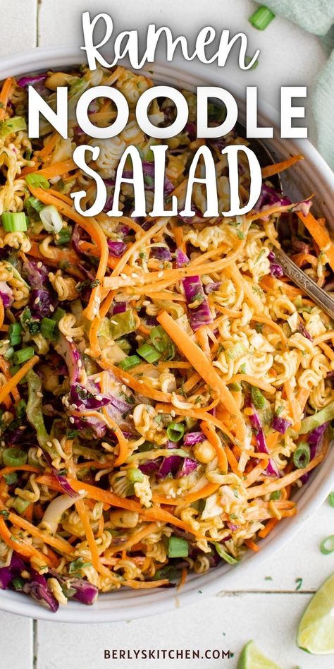 Top down view of a ramen noodle salad in a dish. Asian Ramen Noodle, Asian Ramen Noodle Salad, Salad Cabbage, Asian Ramen, Asian Noodle Salad, Ramen Salad, Crunchy Veggies, Ramen Noodle Salad, Noodles Ramen