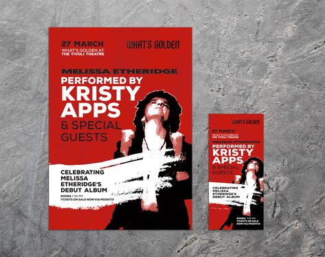 Local Brisbane singer, songwriter and musician Kristy Apps worked with the Rogue graphic design team recently to create an original gig poster design for posters, flyers, website and facebook banners.  The What's Golden at The Tivoli show, titled "Melissa Etheridge - performed by Kristy Apps & guests" is a special performance of Melissa Etheridge's iconic debut album.   #GigPosterDesign #GraphicDesign #KristyApps #PrinttoDigital #gorogueprint #PosterDesign #BrisbaneGraphicDesign #WhatsGolde Special Guest Poster Design, Guest Poster Design, Gig Posters Design, Melissa Etheridge, Poster Graphic Design, Printing Practice, Book Cover Design Inspiration, Gig Poster, Promotional Image