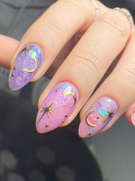 Sailormoon Nail Design, Space Inspired Nails, Pink Galaxy Nails, Fun Nail Designs Creative Latest Fashion, Pastel Cat Eye Nails, Twice Nail Art, Space Theme Nails, Cosmic Nail Art, Starry Nail Designs