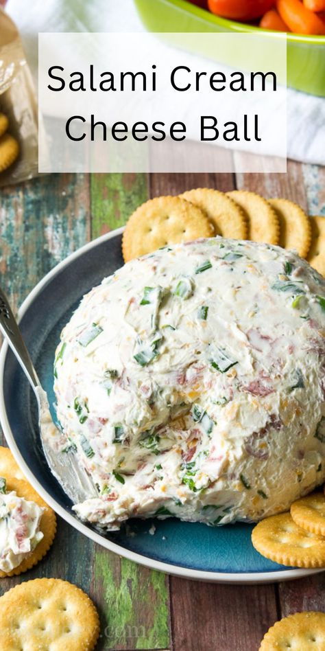 This super easy Salami Cream Cheese Ball was a total crowd pleaser at my party! Everyone was begging for the recipe! Salami Roll Ups Cream Cheeses, Salami Cheese Ball, Baked Salami Appetizer, Antipasto Cream Cheese Log, Cream Cheese Appetizers Easy, Hard Salami Recipes, Cream Cheese Ball Dip, Salami Cream Cheese Roll Ups, Salami Appetizers